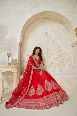 Classic Red Silk Bridal Lehenga Choli with Detailed Motif Work