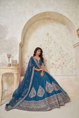 Teal Blue Silk Embroidered Lehenga Choli with Ornate Border