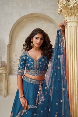 Teal Blue Silk Embroidered Lehenga Choli with Ornate Border