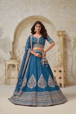 Teal Blue Silk Embroidered Lehenga Choli with Ornate Border