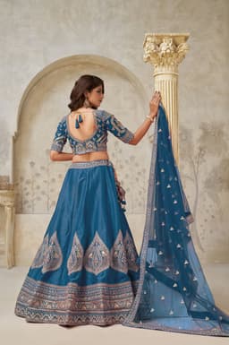 Teal Blue Silk Embroidered Lehenga Choli with Ornate Border