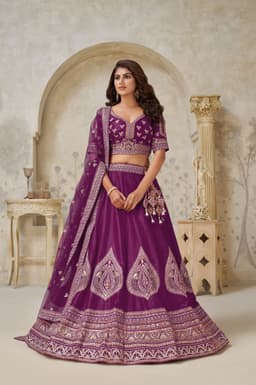 Wine Silk Embroidered Lehenga Choli with Statement Border