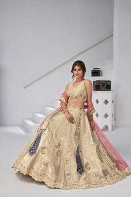 Cream Silk Lehenga Choli with Handcrafted Art Motifs