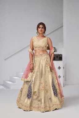 Cream Silk Lehenga Choli with Handcrafted Art Motifs