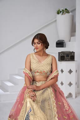 Cream Silk Lehenga Choli with Handcrafted Art Motifs