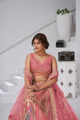 Pink Silk Lehenga Choli with Peacock Art Motifs
