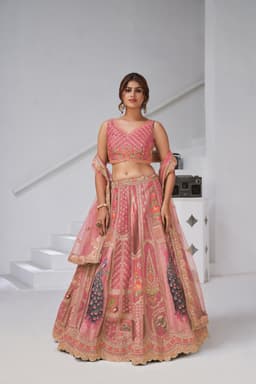 Pink Silk Lehenga Choli with Peacock Art Motifs