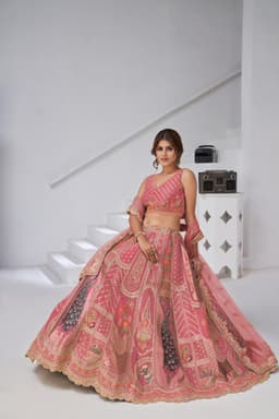 Pink Silk Lehenga Choli with Peacock Art Motifs