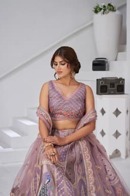 Lavender Banarasi Silk Lehenga Choli with Peacock Motifs