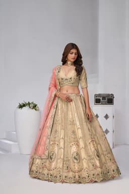 Cream Banarasi Silk Bridal Lehenga Choli with Fine Embroidery