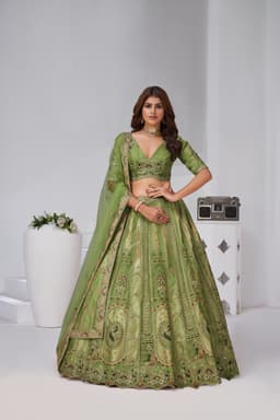 Mehndi Green Banarasi Silk Lehenga Choli for Wedding Functions