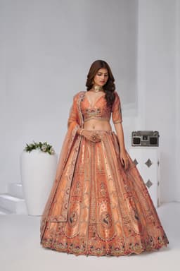 Rust Banarasi Silk Lehenga Choli with Traditional Motifs