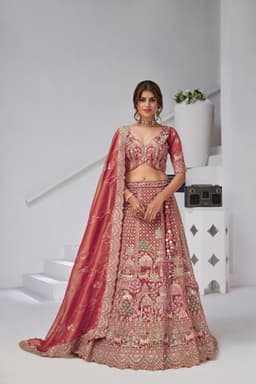 Rose Pink Organza Tissue Bridal Lehenga with Palace Motif Embroidery