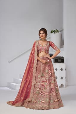 Rose Pink Organza Tissue Bridal Lehenga with Palace Motif Embroidery