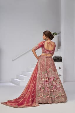 Rose Pink Organza Tissue Bridal Lehenga with Palace Motif Embroidery