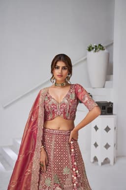 Rose Pink Organza Tissue Bridal Lehenga with Palace Motif Embroidery