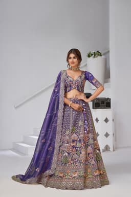 Royal Purple Organza Tissue Bridal Lehenga with Palace Embroidery