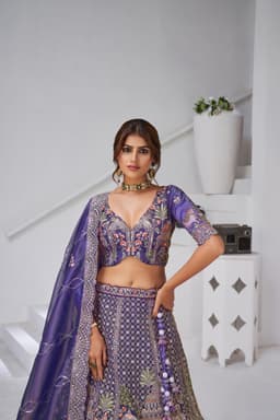 Royal Purple Organza Tissue Bridal Lehenga with Palace Embroidery