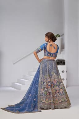 Teal Blue Organza Tissue Bridal Lehenga with Heritage Embroidery