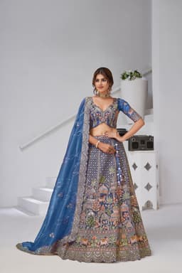 Teal Blue Organza Tissue Bridal Lehenga with Heritage Embroidery