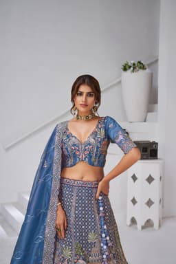 Teal Blue Organza Tissue Bridal Lehenga with Heritage Embroidery
