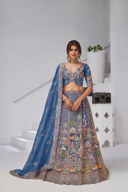 Teal Blue Organza Tissue Bridal Lehenga with Heritage Embroidery