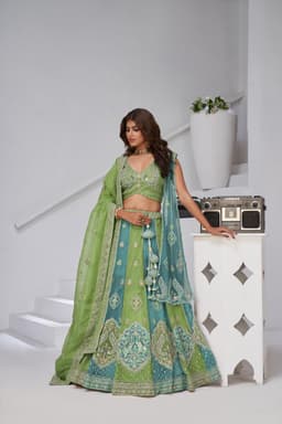 Green Georgette Tissue Bridal Lehenga with Intricate Embroidery
