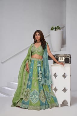Green Georgette Tissue Bridal Lehenga with Intricate Embroidery
