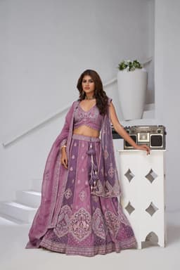 Purple Georgette Tissue Bridal Lehenga with Fine Embroidery