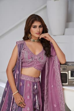 Purple Georgette Tissue Bridal Lehenga with Fine Embroidery