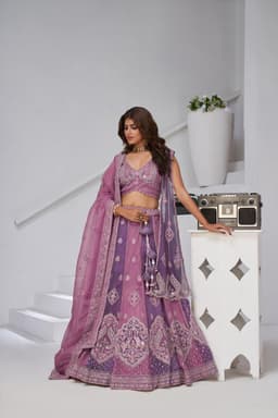 Purple Georgette Tissue Bridal Lehenga with Fine Embroidery