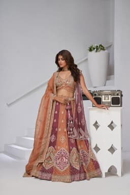 Rust Georgette Tissue Bridal Lehenga with Heavy Embroidery