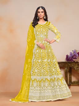 Mustard Yellow Net Anarkali Dress with White Thread Embroidery