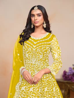 Mustard Yellow Net Anarkali Dress with White Thread Embroidery