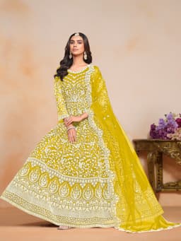 Mustard Yellow Net Anarkali Dress with White Thread Embroidery