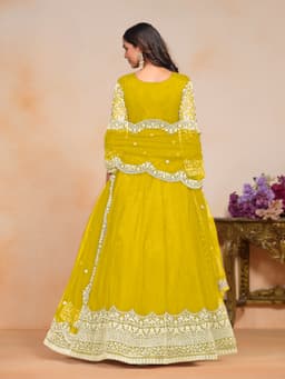 Mustard Yellow Net Anarkali Dress with White Thread Embroidery