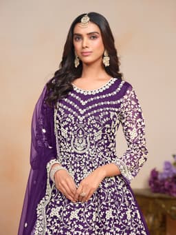 Purple Embroidered Net Anarkali Suit with Dupatta