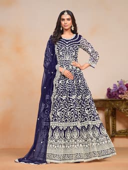 Navy Blue Embroidered Net Anarkali Suit with Dupatta