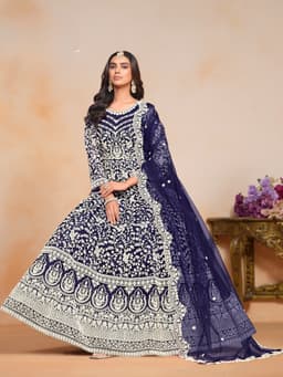Navy Blue Embroidered Net Anarkali Suit with Dupatta