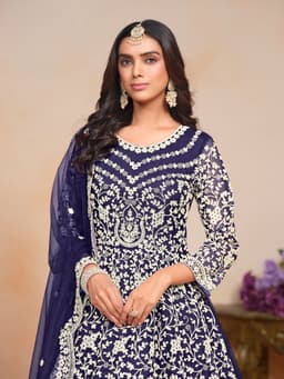 Navy Blue Embroidered Net Anarkali Suit with Dupatta