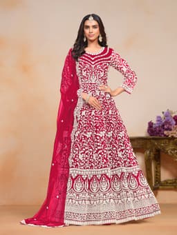 Red Embroidered Net Anarkali Suit with Dupatta