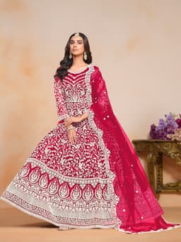 Red Embroidered Net Anarkali Suit with Dupatta