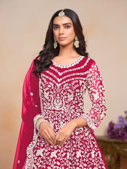 Red Embroidered Net Anarkali Suit with Dupatta