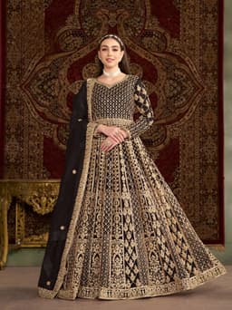 Black Net Anarkali Suit with Heavy Gold Embroidery & Net Dupatta