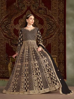 Black Net Anarkali Suit with Heavy Gold Embroidery & Net Dupatta