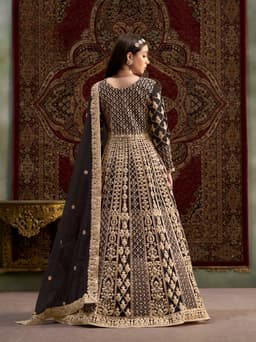 Black Net Anarkali Suit with Heavy Gold Embroidery & Net Dupatta