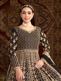 Black Net Anarkali Suit with Heavy Gold Embroidery & Net Dupatta