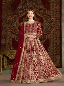 Red Net Anarkali Suit with Heavy Gold Embroidery & Dupatta