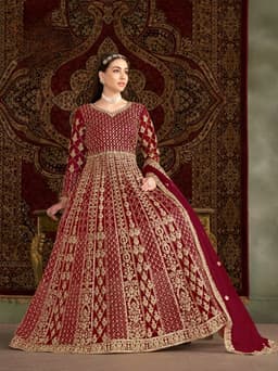 Red Net Anarkali Suit with Heavy Gold Embroidery & Dupatta