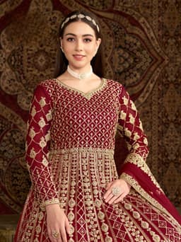 Red Net Anarkali Suit with Heavy Gold Embroidery & Dupatta